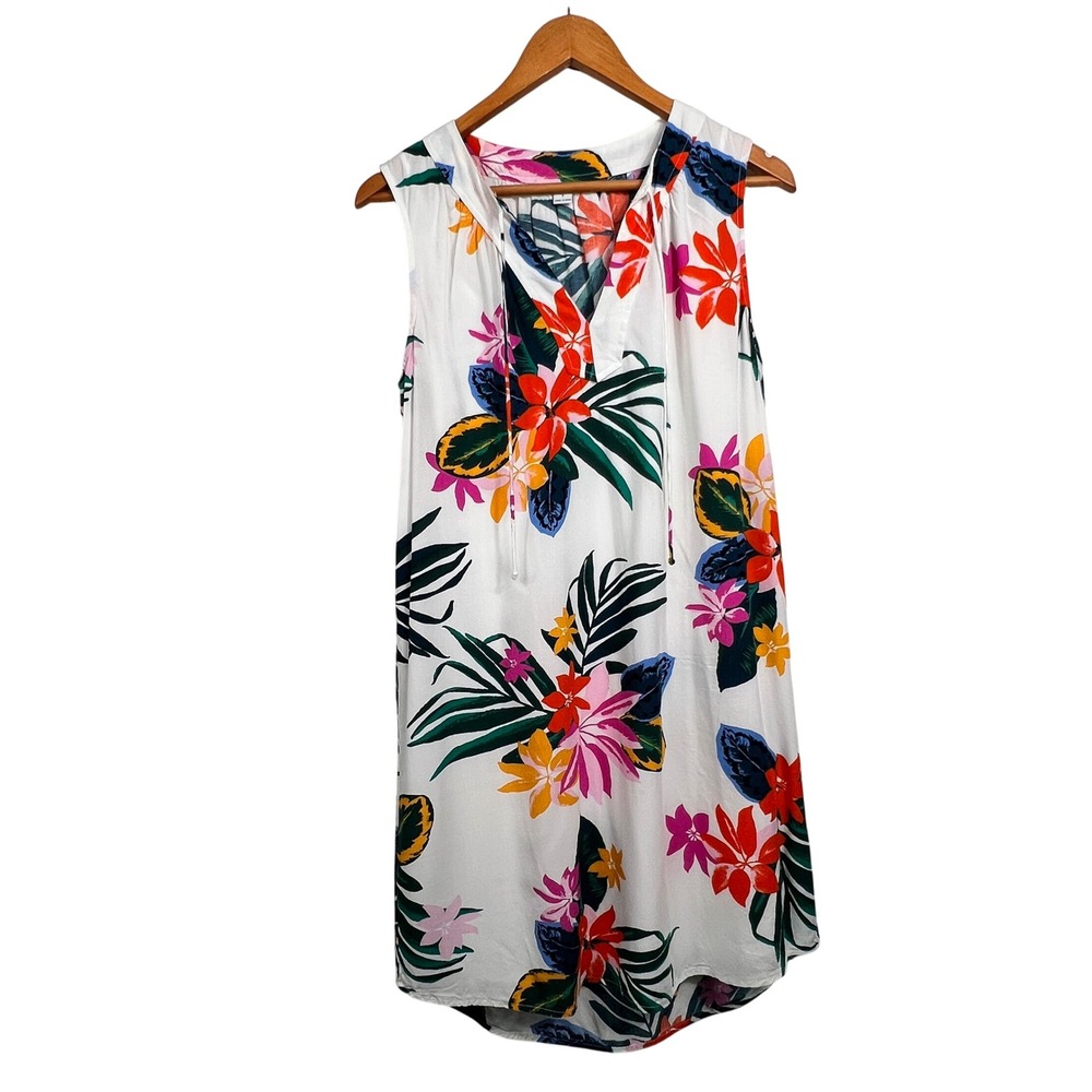 Old Navy Womens White Tropical Floral V-Neck Sleeveless Shift Dress S Resortear